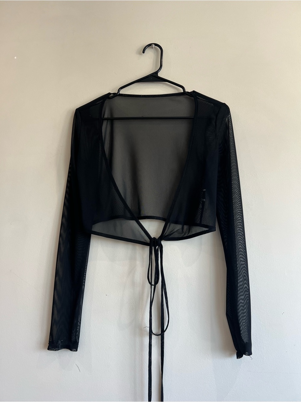 Black Sheer Tie Front Crop Long Sleeve